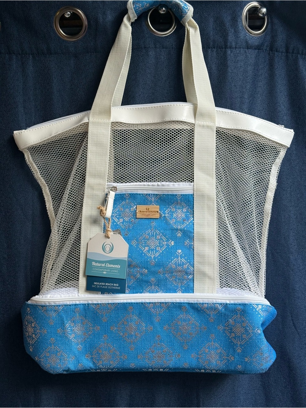 NWT Natural Elements Insulated Mesh Beach Bag Tote Cooler Base Blue Geometric